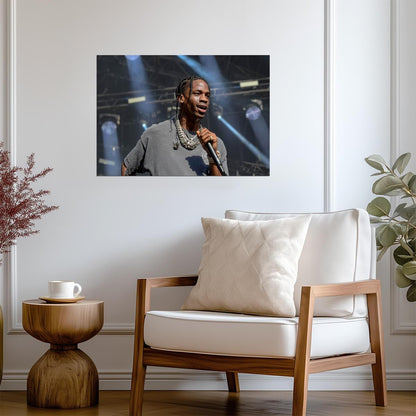 Travis Scott Grey Tee & Chains | Live Singing Portrait | Rap Music Star Poster - Music Poster