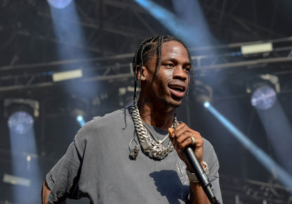 Travis Scott Grey Tee & Chains | Live Singing Portrait | Rap Music Star Poster - Music Poster