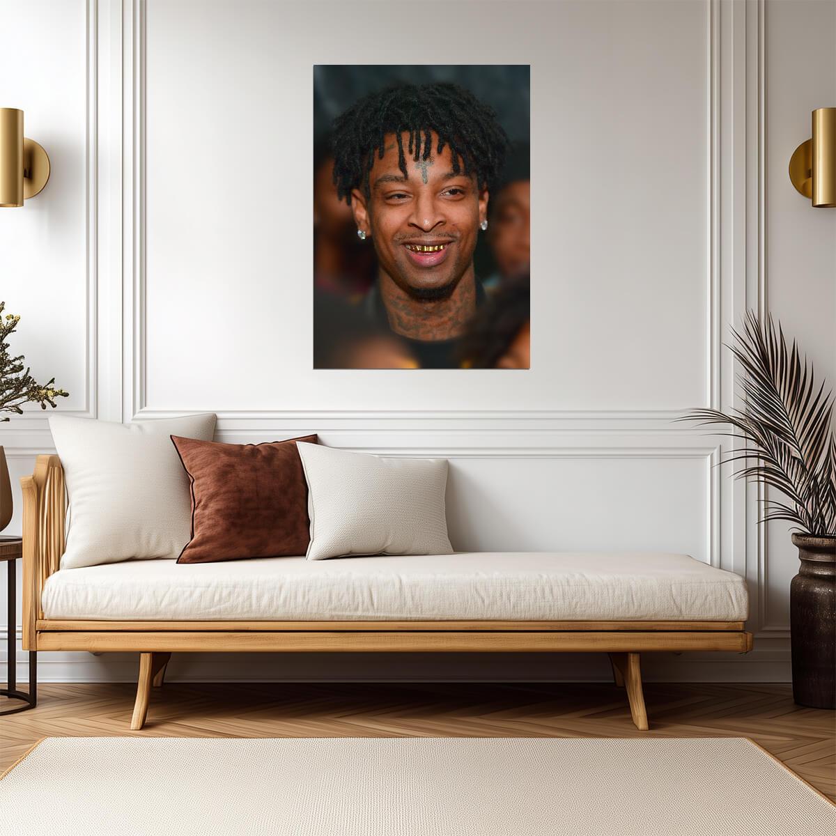 21 Savage Smiling Close Up | Grillz Portrait Poster | Hip Hop Star Wall Art - Music Poster