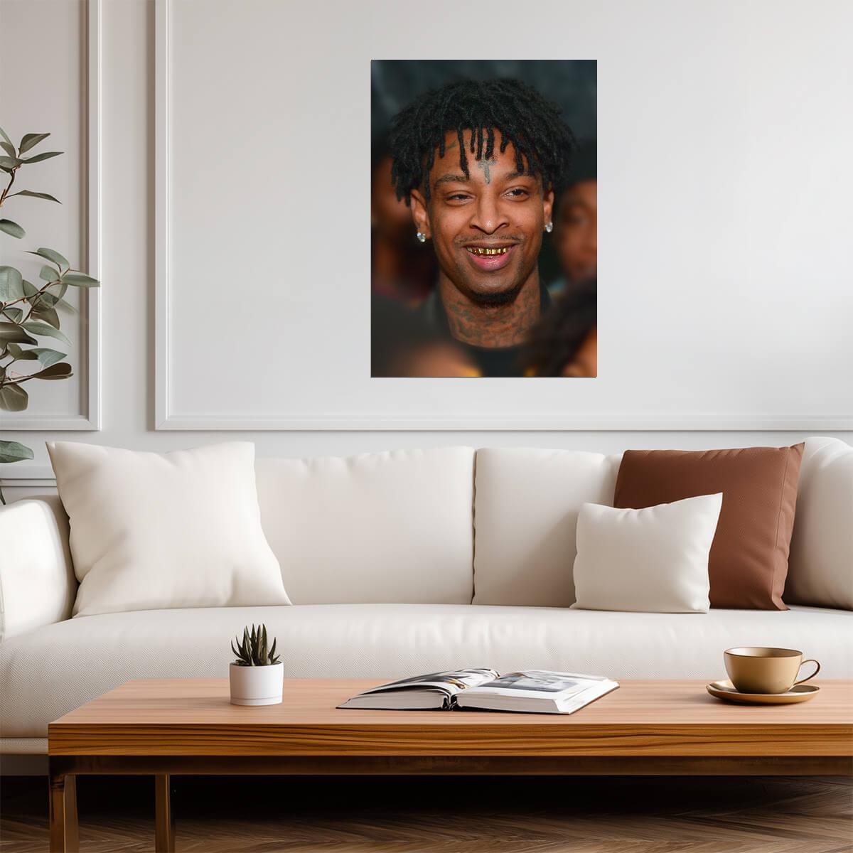 21 Savage Smiling Close Up | Grillz Portrait Poster | Hip Hop Star Wall Art - Music Poster