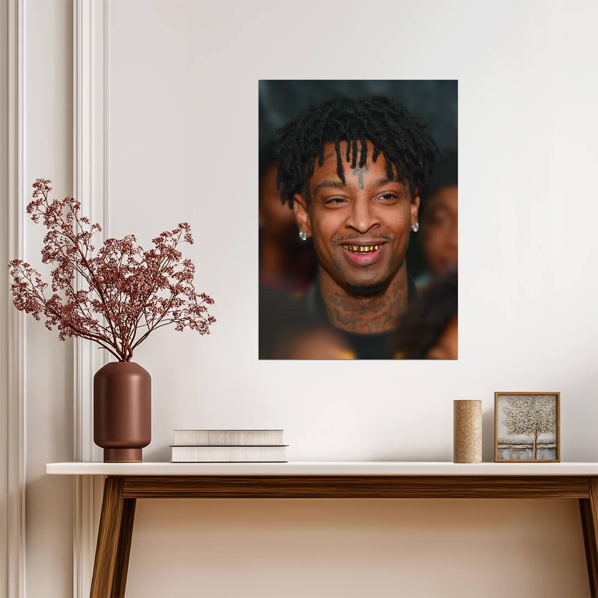 21 Savage Smiling Close Up | Grillz Portrait Poster | Hip Hop Star Wall Art - Music Poster