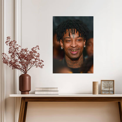 21 Savage Smiling Close Up | Grillz Portrait Poster | Hip Hop Star Wall Art - Music Poster