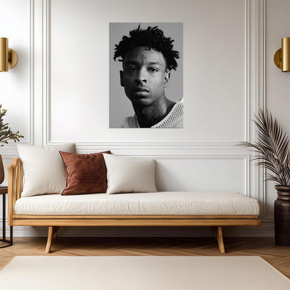 21 Savage B&W Portrait | Mesh Shirt Photoshoot Poster | Hip Hop Star Wall Art - Music Poster