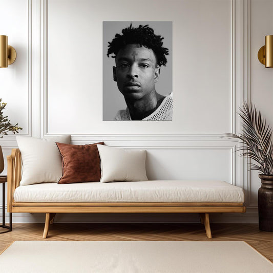 21 Savage B&W Portrait | Mesh Shirt Photoshoot Poster | Hip Hop Star Wall Art - Music Poster
