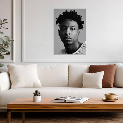 21 Savage B&W Portrait | Mesh Shirt Photoshoot Poster | Hip Hop Star Wall Art - Music Poster