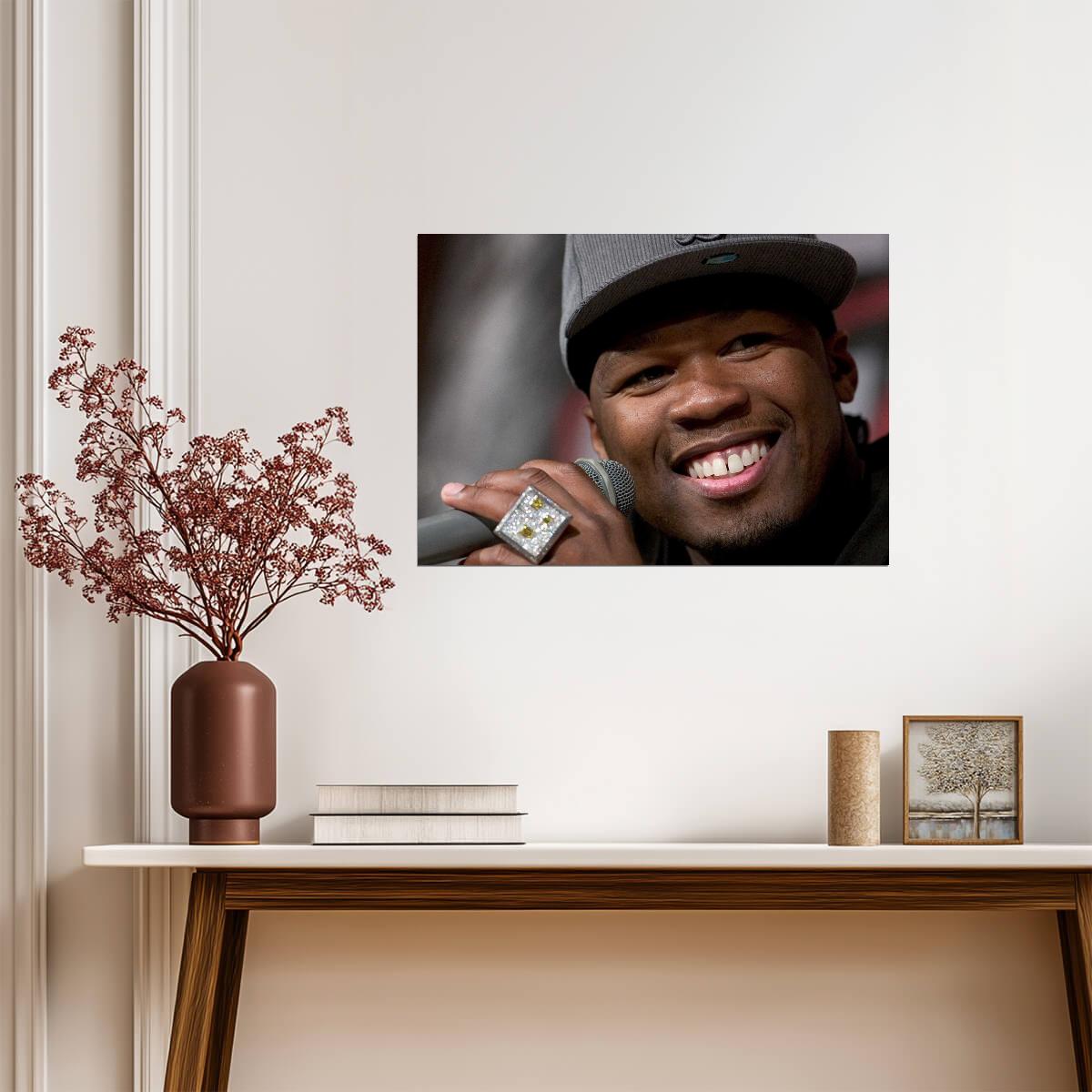 50 Cent Smiling with Microphone | Close Up Portrait Poster | Hip Hop Star Art - Music Poster