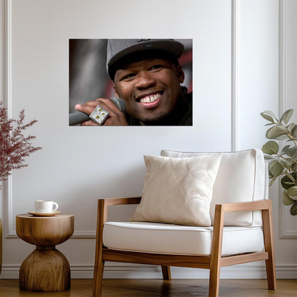 50 Cent Smiling with Microphone | Close Up Portrait Poster | Hip Hop Star Art - Music Poster
