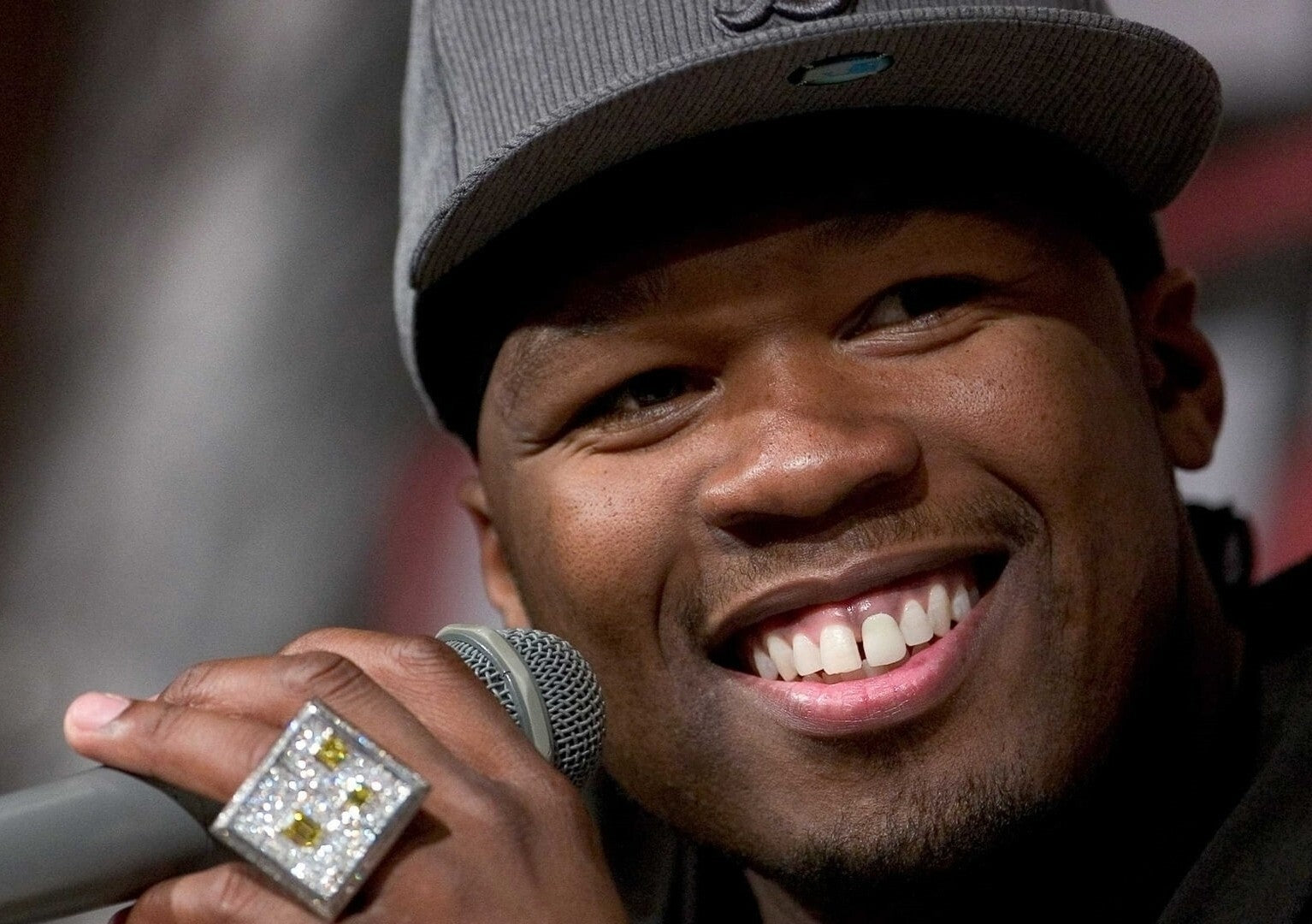 50 Cent Smiling with Microphone | Close Up Portrait Poster | Hip Hop Star Art - Music Poster