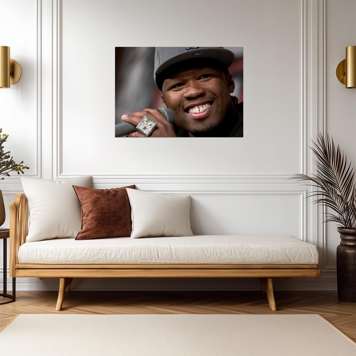 50 Cent Smiling with Microphone | Close Up Portrait Poster | Hip Hop Star Art - Music Poster