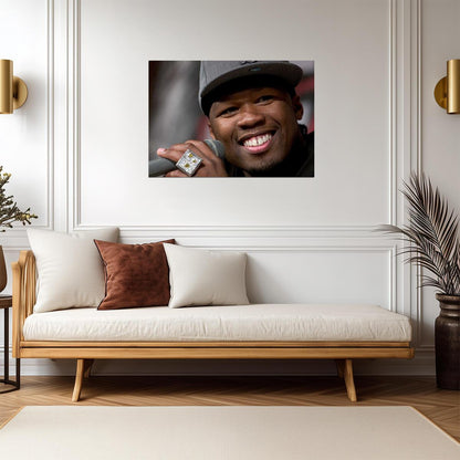 50 Cent Smiling with Microphone | Close Up Portrait Poster | Hip Hop Star Art - Music Poster