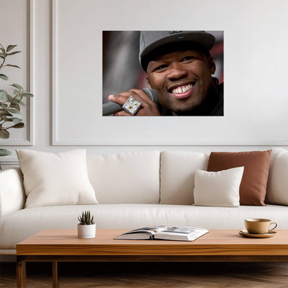 50 Cent Smiling with Microphone | Close Up Portrait Poster | Hip Hop Star Art - Music Poster