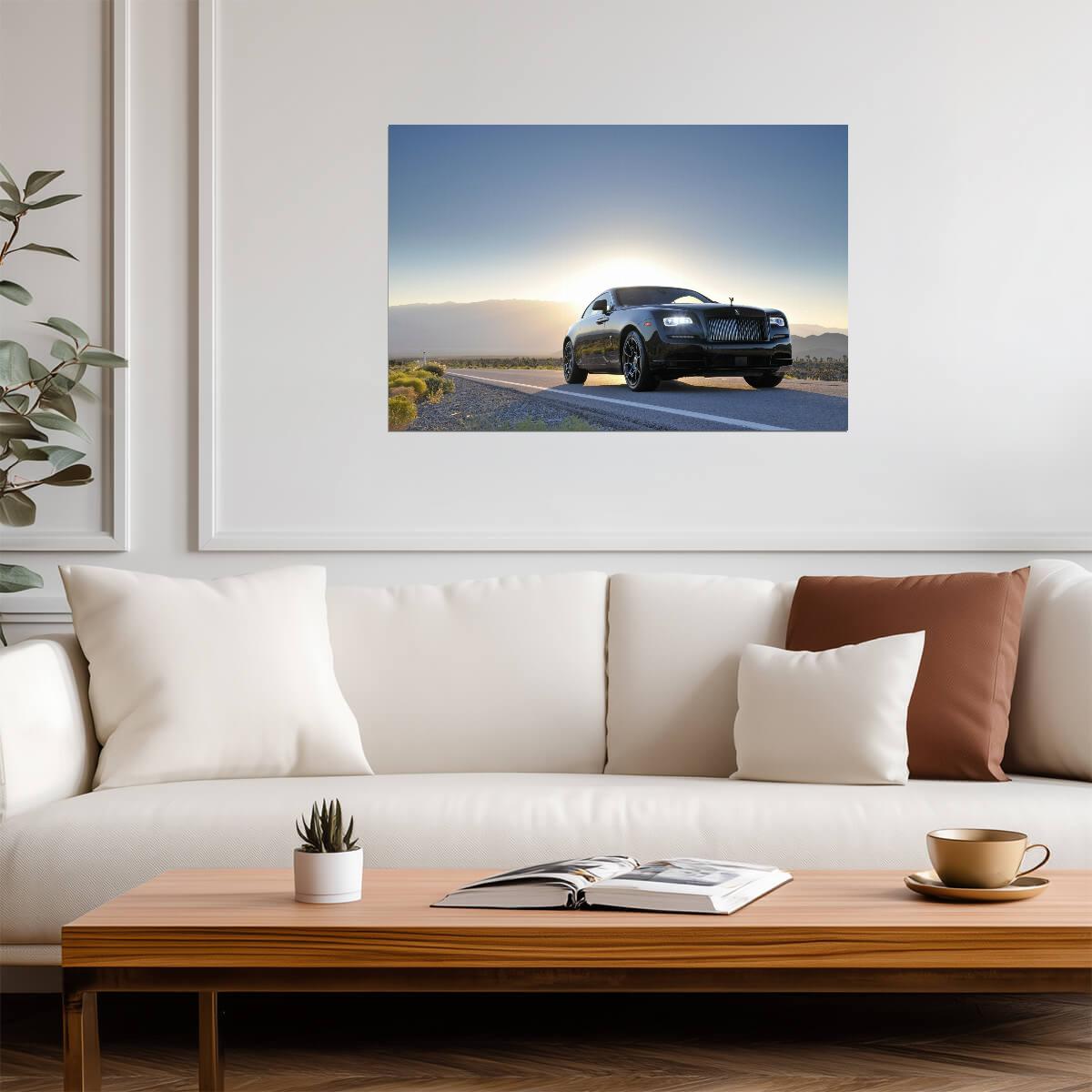 Rolls-Royce Wraith | Luxury Grand Tourer Poster | Black Coupe on Desert Road at Sunrise - Cars Poster