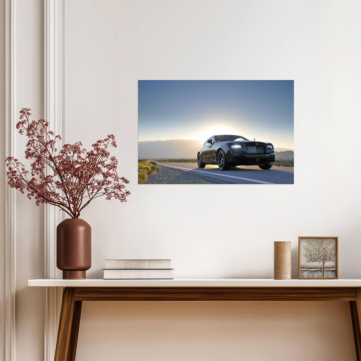 Rolls-Royce Wraith | Luxury Grand Tourer Poster | Black Coupe on Desert Road at Sunrise - Cars Poster