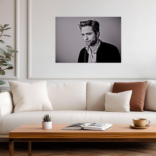 Robert Pattinson Looking Down | Moody Black and White Portrait | Actor Wall Art Poster - Celebrities Poster