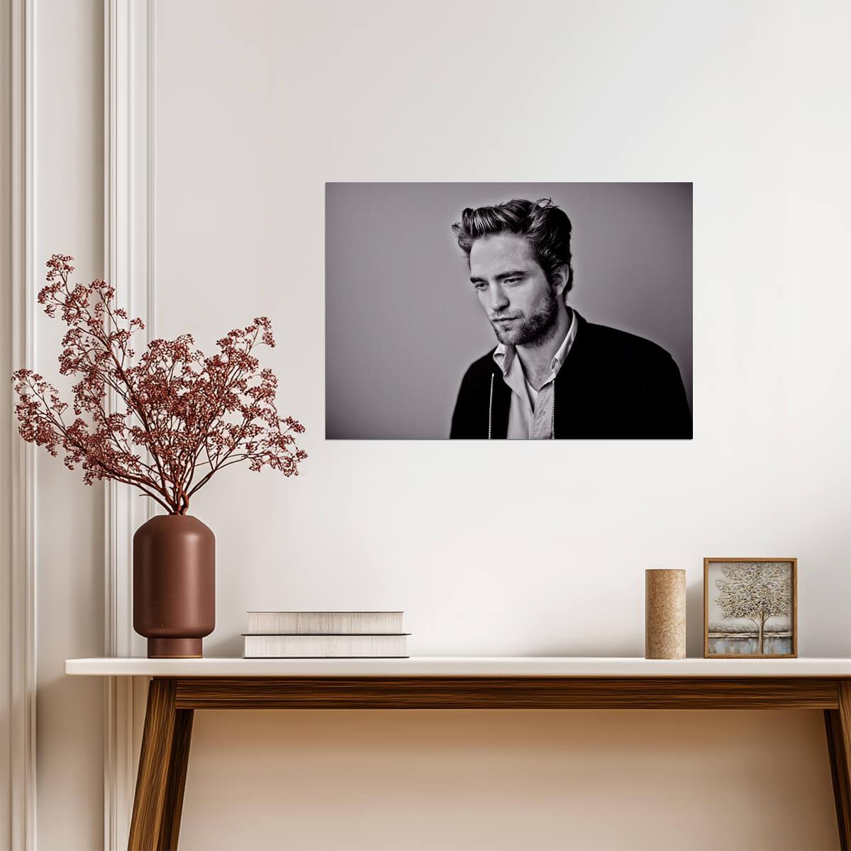 Robert Pattinson Looking Down | Moody Black and White Portrait | Actor Wall Art Poster - Celebrities Poster