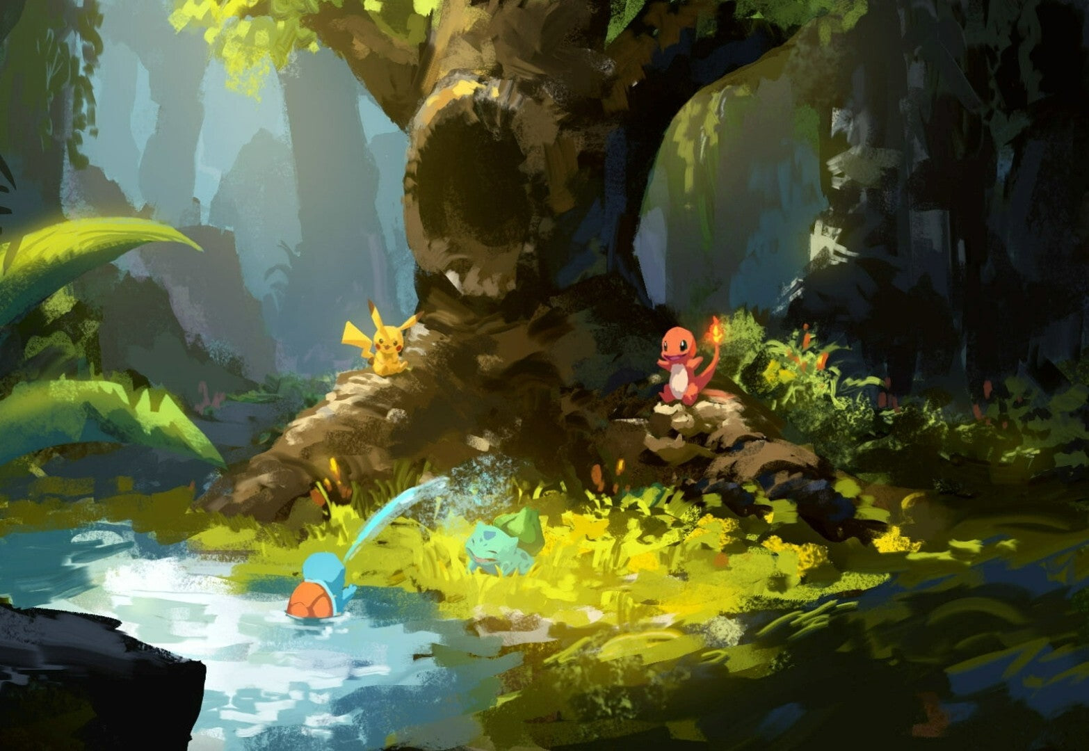 Pokemon Pikachu & Starters in Forest | Tranquil Nature Scene Poster | Gaming Room Decor - Video Games Poster