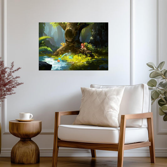 Pokemon Pikachu & Starters in Forest | Tranquil Nature Scene Poster | Gaming Room Decor - Video Games Poster