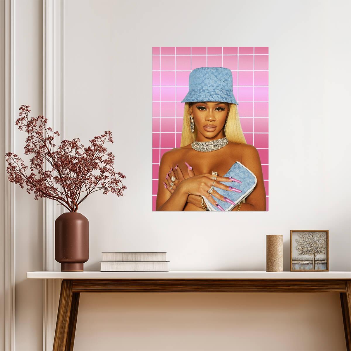 Saweetie in Blue Bucket Hat | Female Rapper Poster | Pink Aesthetic Music Art - Music Poster