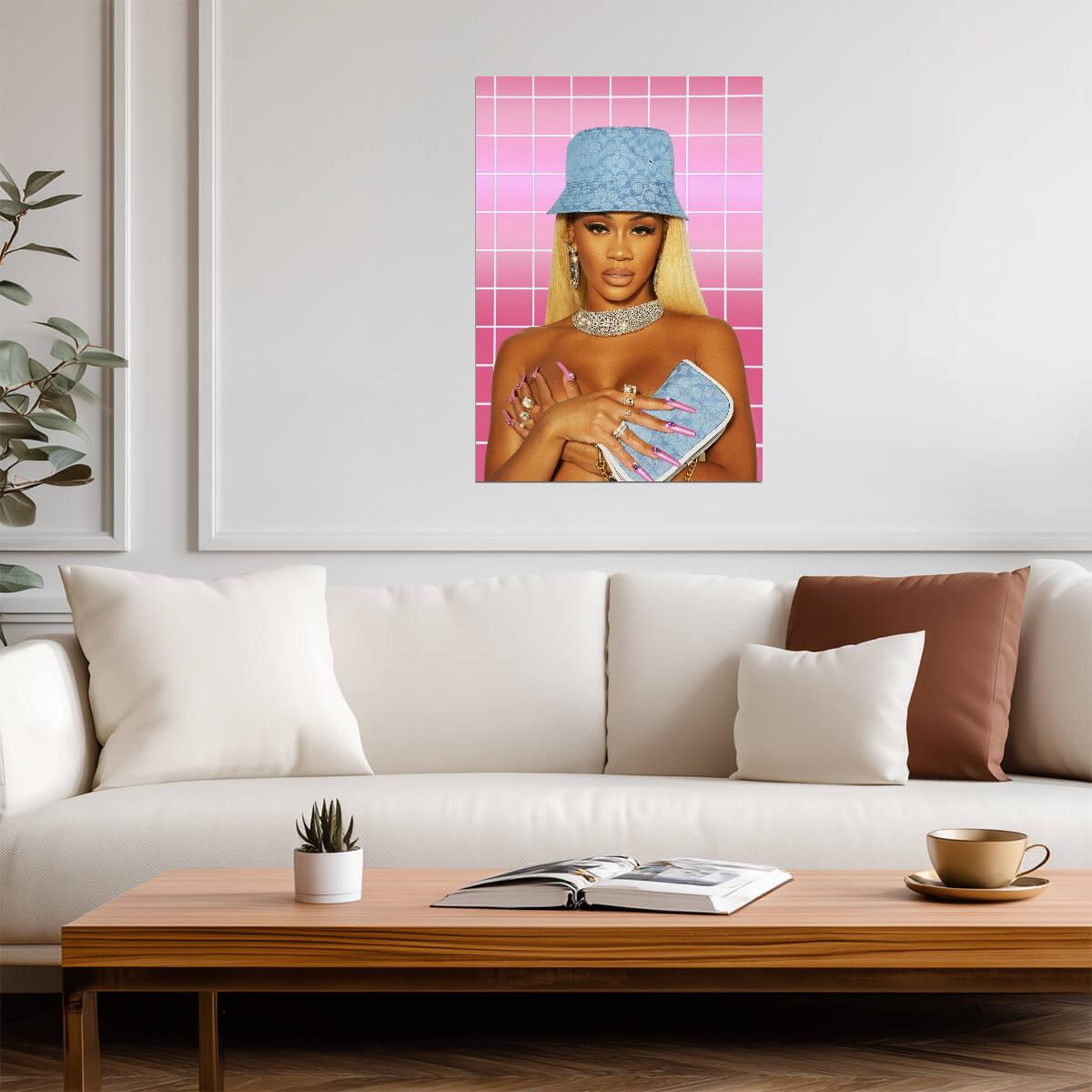 Saweetie in Blue Bucket Hat | Female Rapper Poster | Pink Aesthetic Music Art - Music Poster