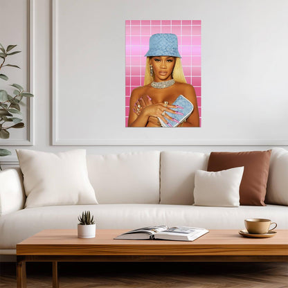 Saweetie in Blue Bucket Hat | Female Rapper Poster | Pink Aesthetic Music Art - Music Poster