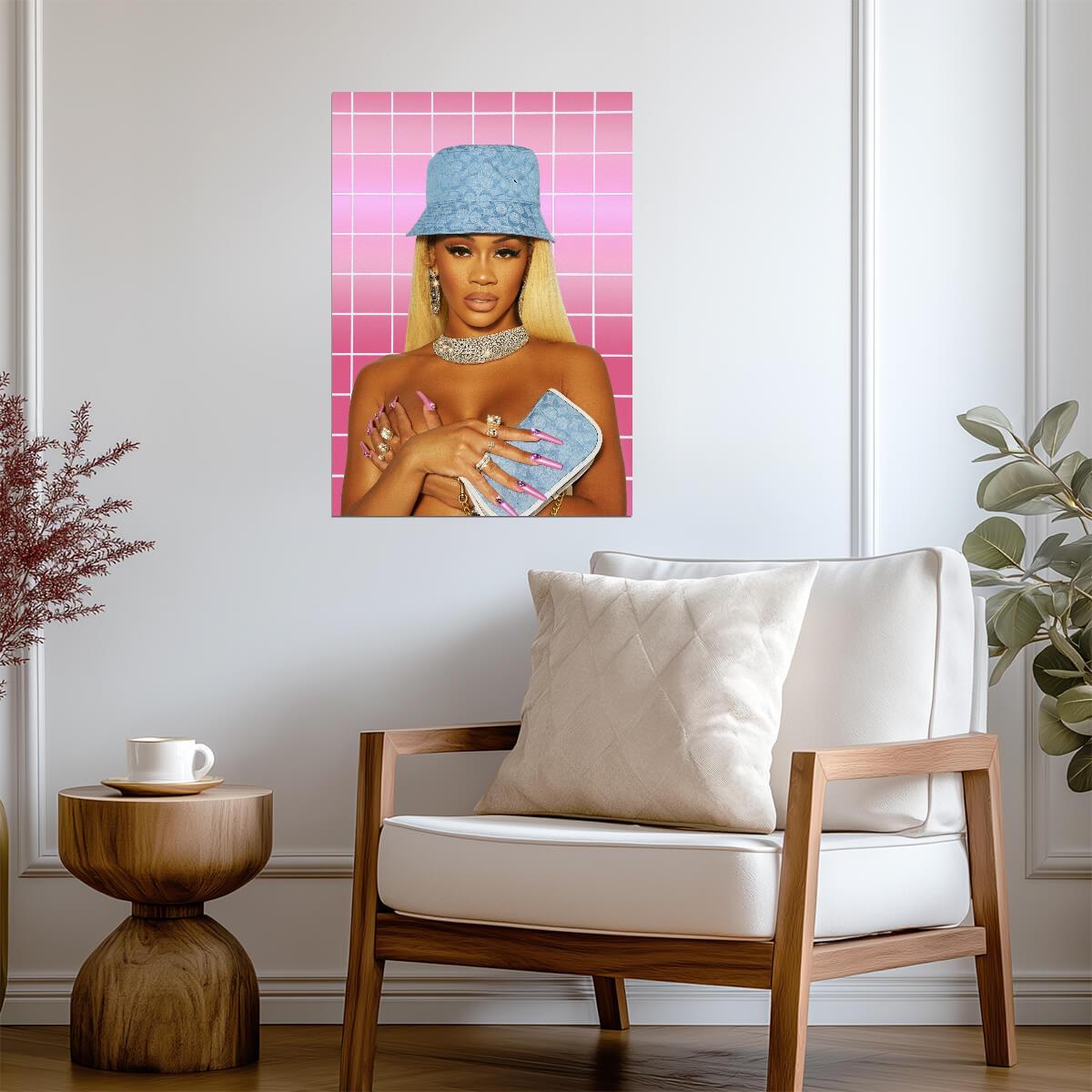 Saweetie in Blue Bucket Hat | Female Rapper Poster | Pink Aesthetic Music Art - Music Poster
