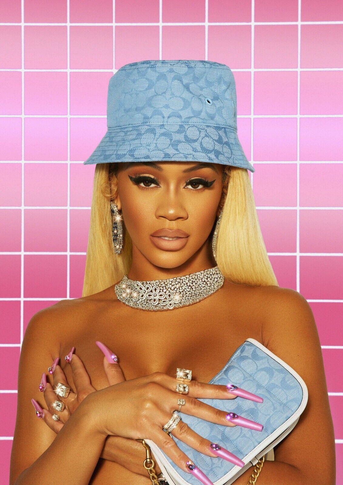 Saweetie in Blue Bucket Hat | Female Rapper Poster | Pink Aesthetic Music Art - Music Poster