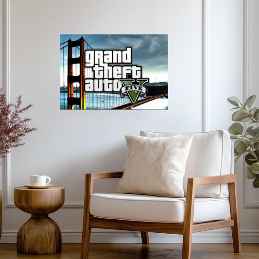 Grand Theft Auto V Logo Over Golden Gate Bridge | San Fierro Inspired Poster | Open World Wall Decor - Video Games Poster