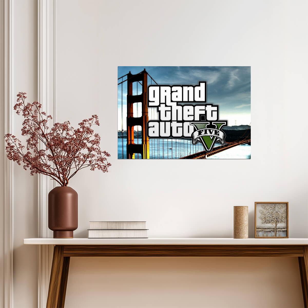 Grand Theft Auto V Logo Over Golden Gate Bridge | San Fierro Inspired Poster | Open World Wall Decor - Video Games Poster