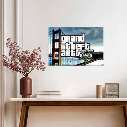 Grand Theft Auto V Logo Over Golden Gate Bridge | San Fierro Inspired Poster | Open World Wall Decor - Video Games Poster