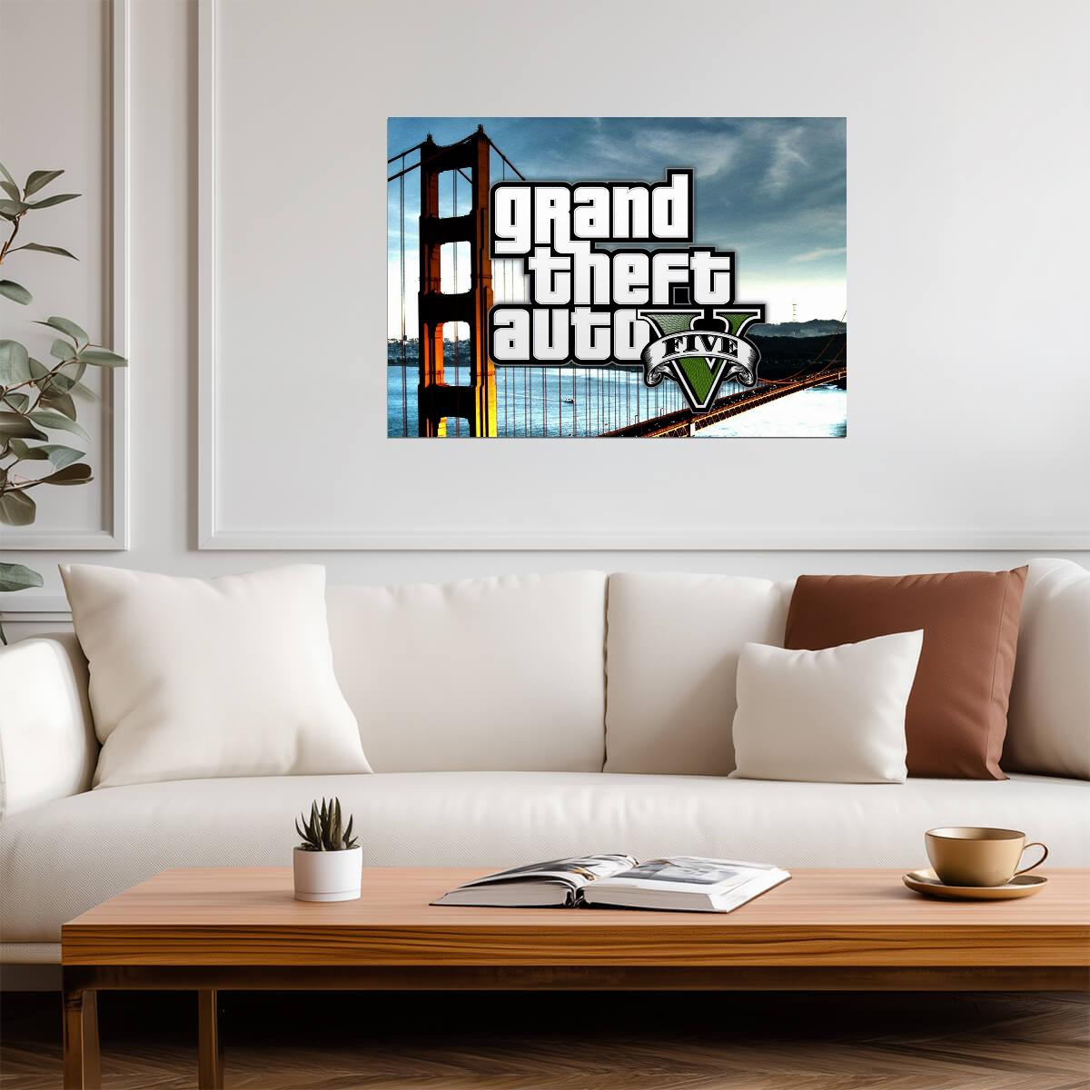Grand Theft Auto V Logo Over Golden Gate Bridge | San Fierro Inspired Poster | Open World Wall Decor - Video Games Poster