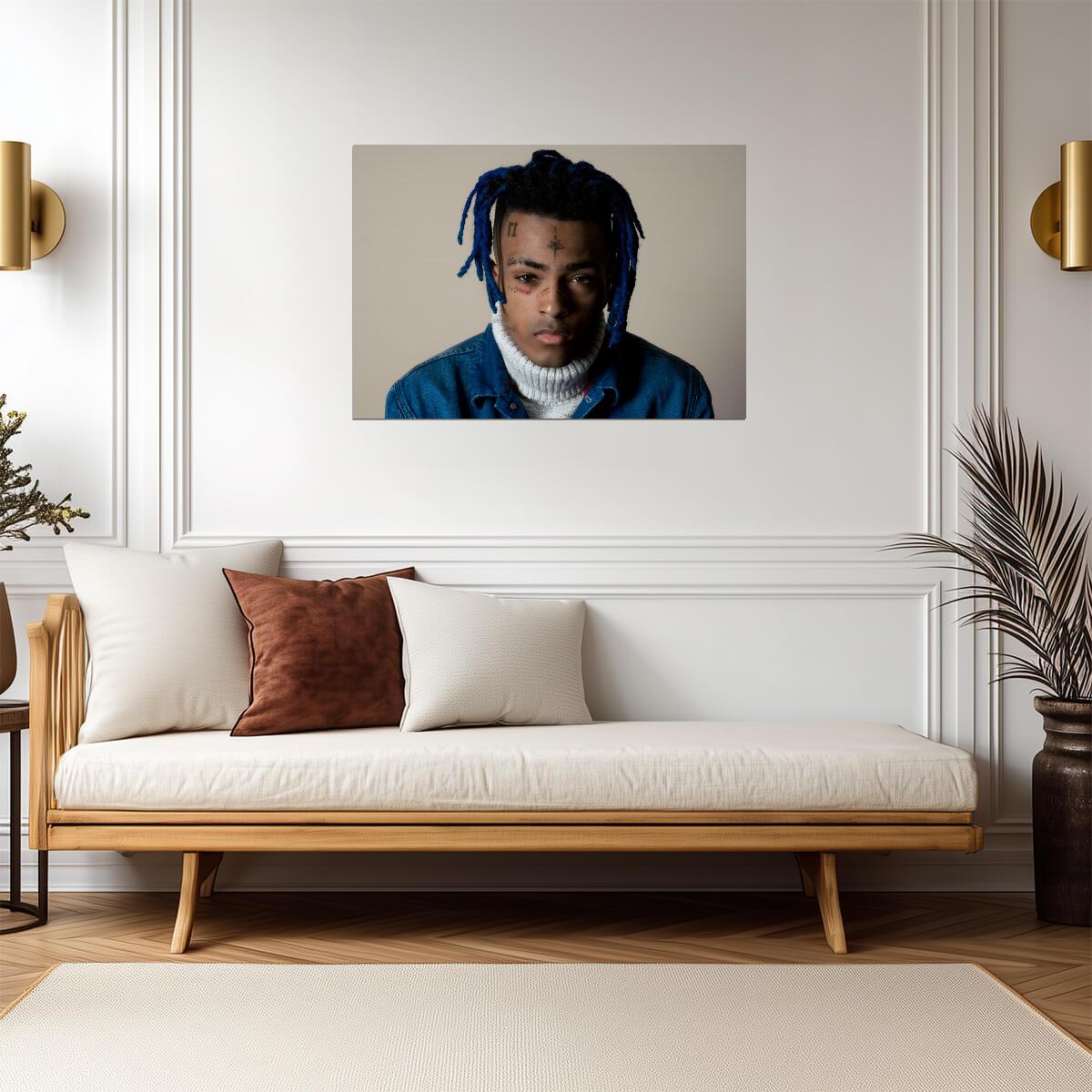 Xxxtentacion Blue Hair Portrait | Denim Jacket Photoshoot | Music Star Poster - Music Poster