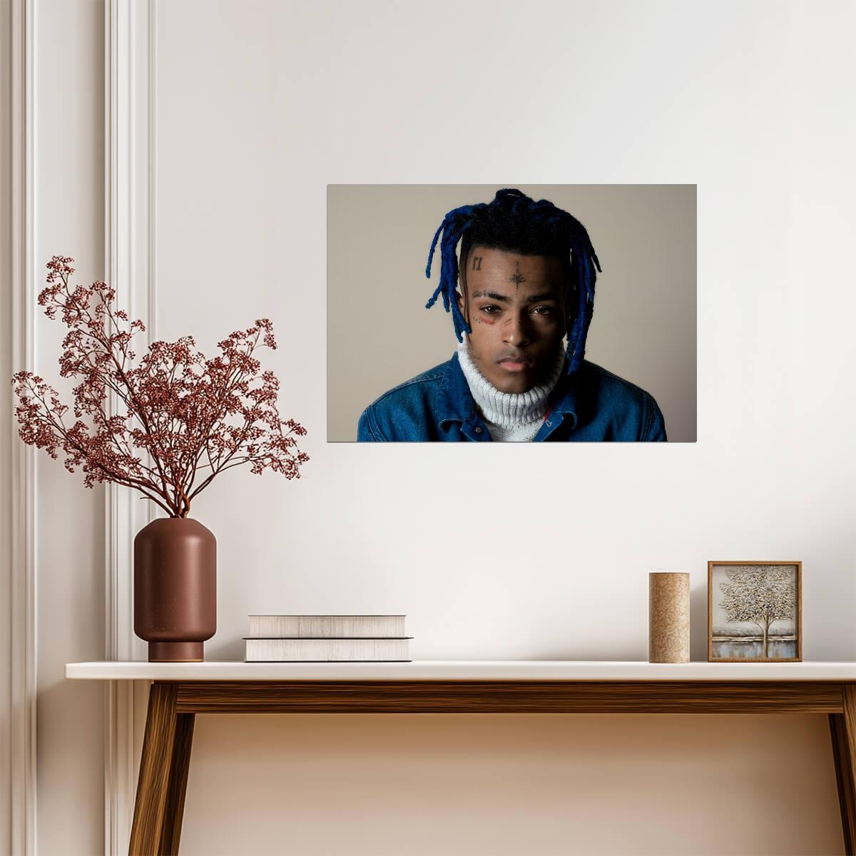 Xxxtentacion Blue Hair Portrait | Denim Jacket Photoshoot | Music Star Poster - Music Poster