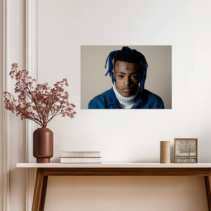 Xxxtentacion Blue Hair Portrait | Denim Jacket Photoshoot | Music Star Poster - Music Poster