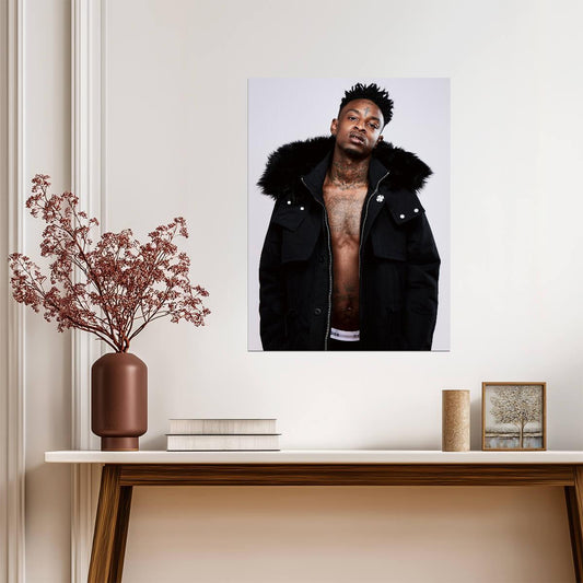 21 Savage in Black Puffer Jacket | Studio Portrait Poster | Hip Hop Star Wall Art - Music Poster