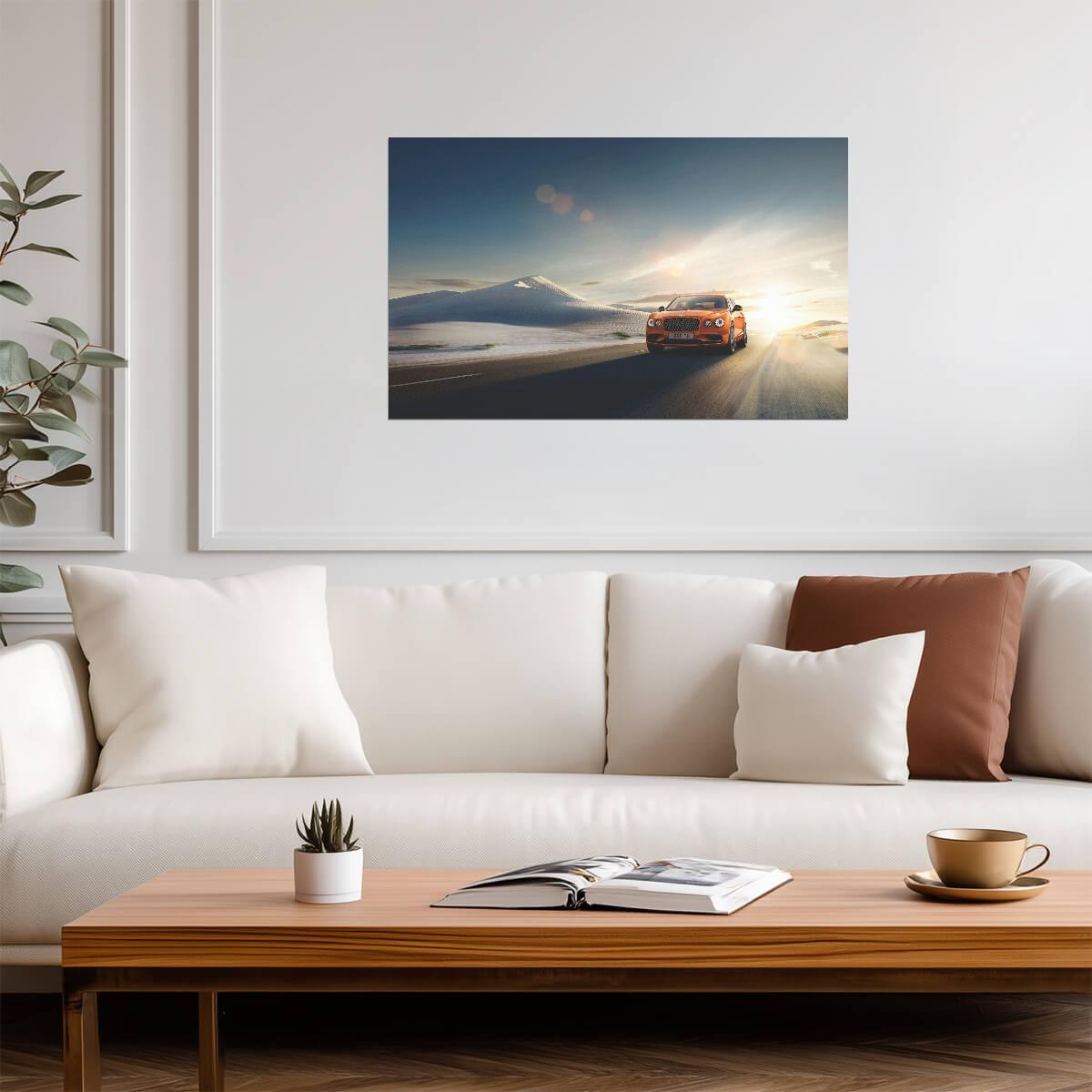 Bentley Flying Spur | Orange Luxury Sedan Poster | Grand Tourer on Desert Road at Sunrise - Cars Poster