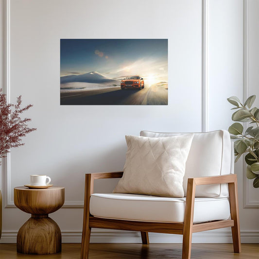 Bentley Flying Spur | Orange Luxury Sedan Poster | Grand Tourer on Desert Road at Sunrise - Cars Poster