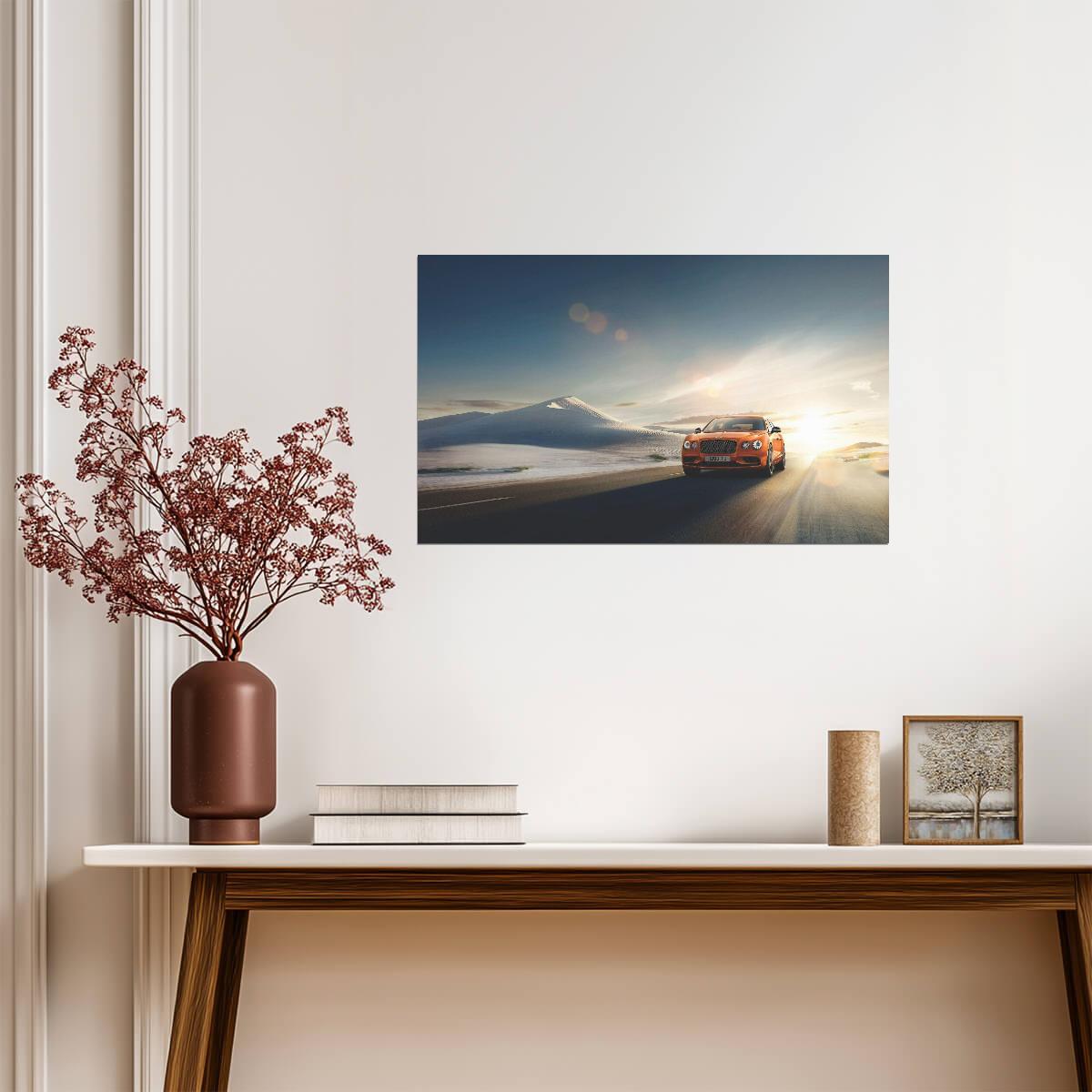 Bentley Flying Spur | Orange Luxury Sedan Poster | Grand Tourer on Desert Road at Sunrise - Cars Poster