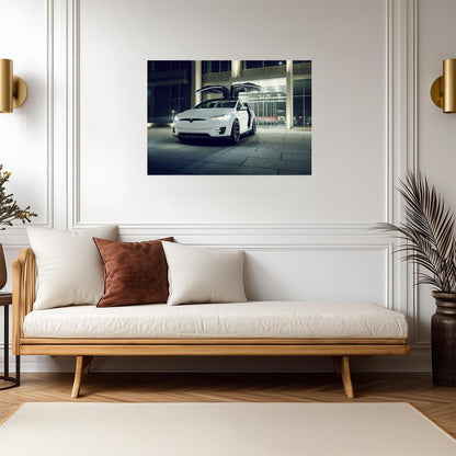 Tesla Model X with Falcon Wings | White Electric SUV Poster | Urban Night Photography - Cars Poster