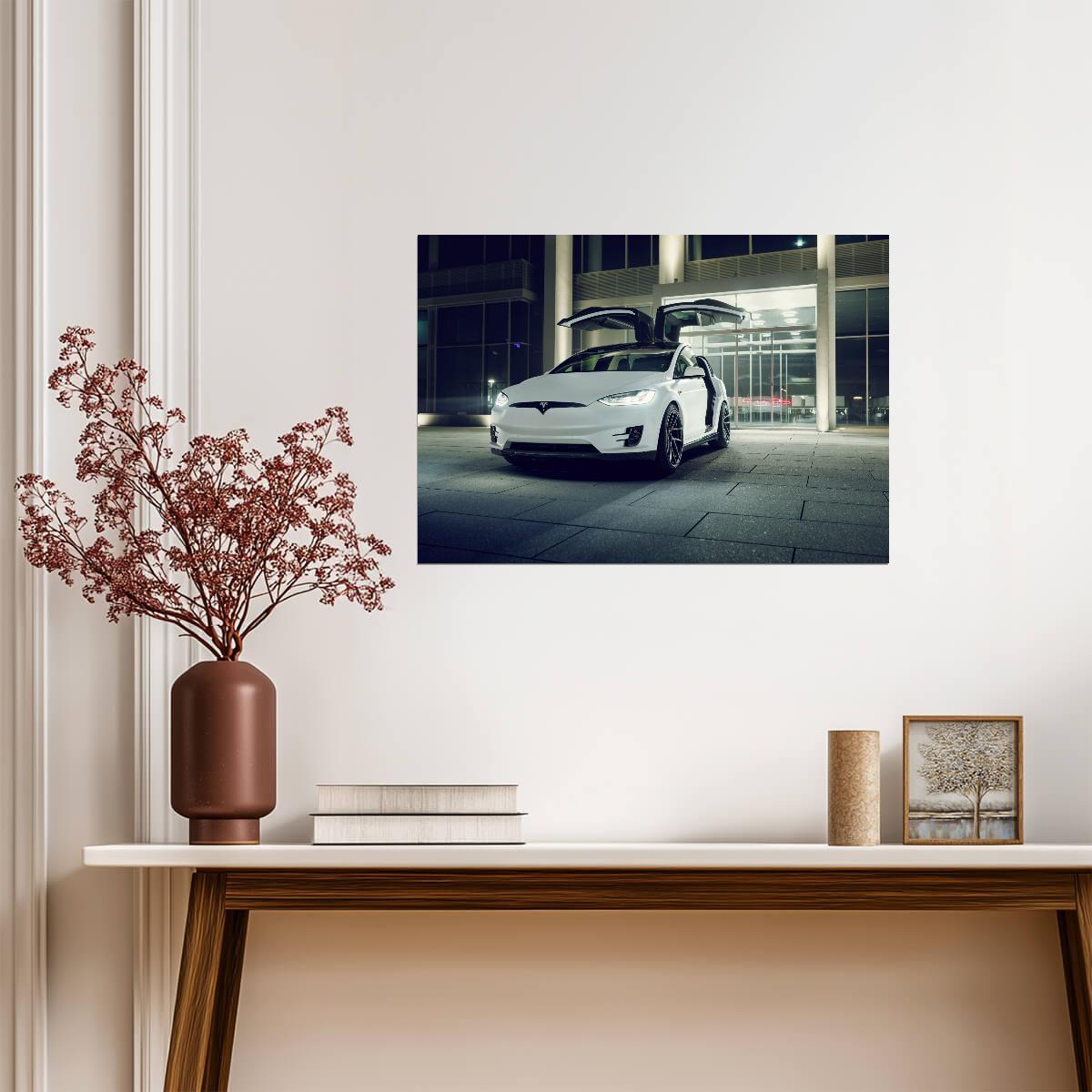 Tesla Model X with Falcon Wings | White Electric SUV Poster | Urban Night Photography - Cars Poster