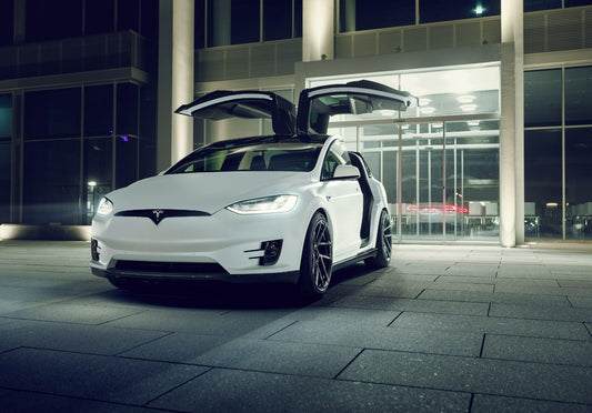 Tesla Model X with Falcon Wings | White Electric SUV Poster | Urban Night Photography - Cars Poster