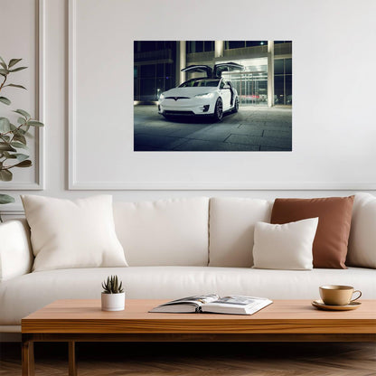Tesla Model X with Falcon Wings | White Electric SUV Poster | Urban Night Photography - Cars Poster