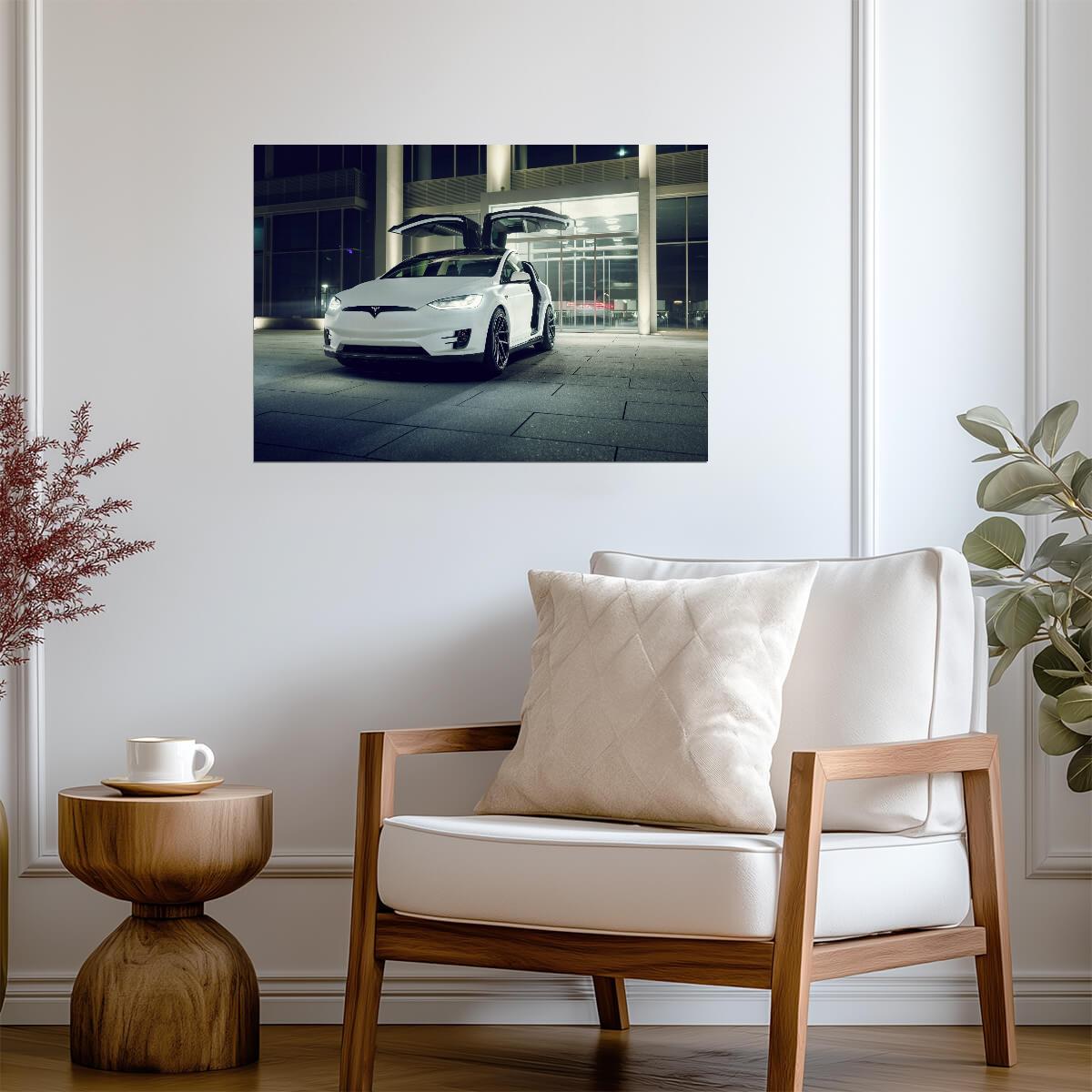 Tesla Model X with Falcon Wings | White Electric SUV Poster | Urban Night Photography - Cars Poster