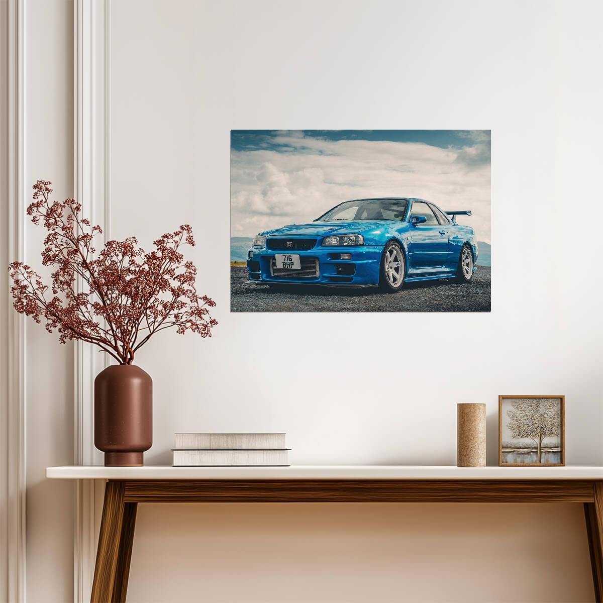 Nissan Skyline GT-R R34 | Bayside Blue JDM Supercar Poster | Japanese Performance Car Landscape - Cars Poster