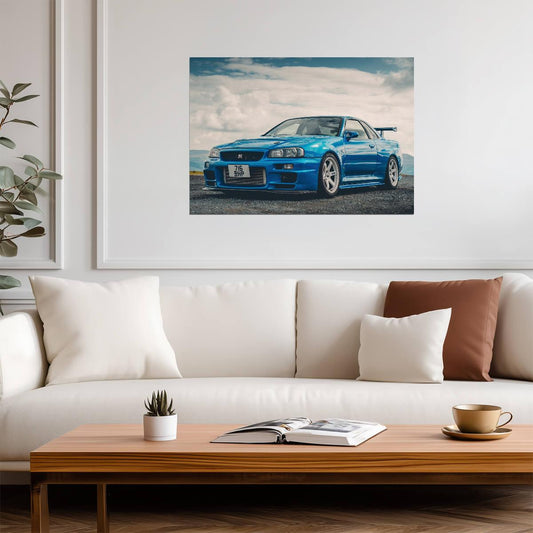 Nissan Skyline GT-R R34 | Bayside Blue JDM Supercar Poster | Japanese Performance Car Landscape - Cars Poster