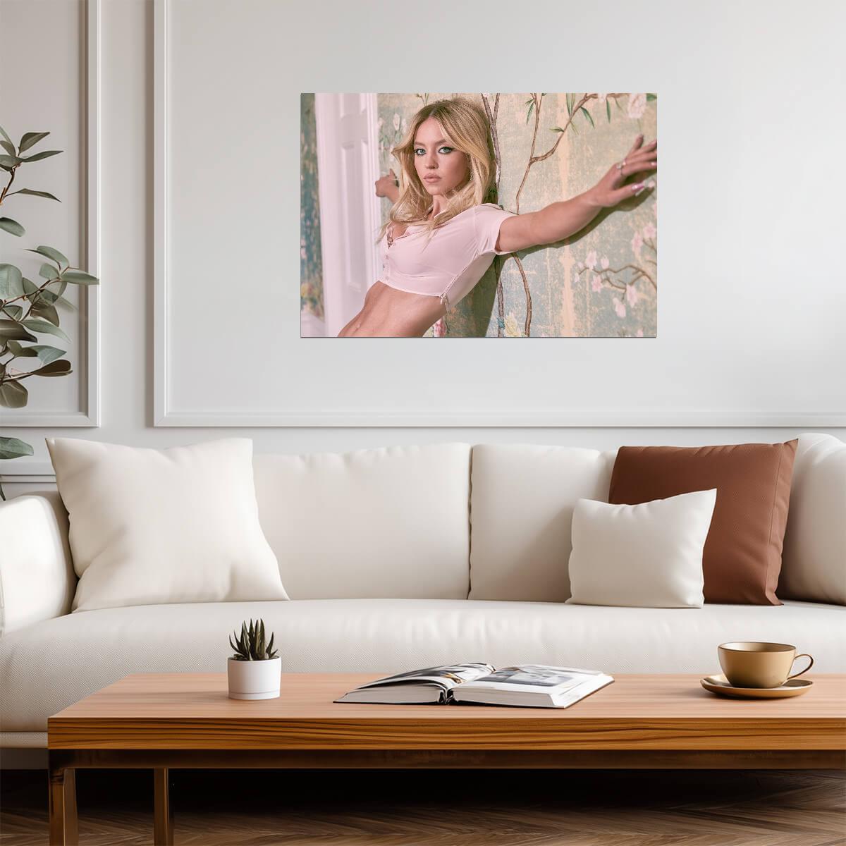 Sydney Sweeney Pink Crop Top | Floral Wallpaper Portrait | Celebrity Actress Poster - Celebrities Poster