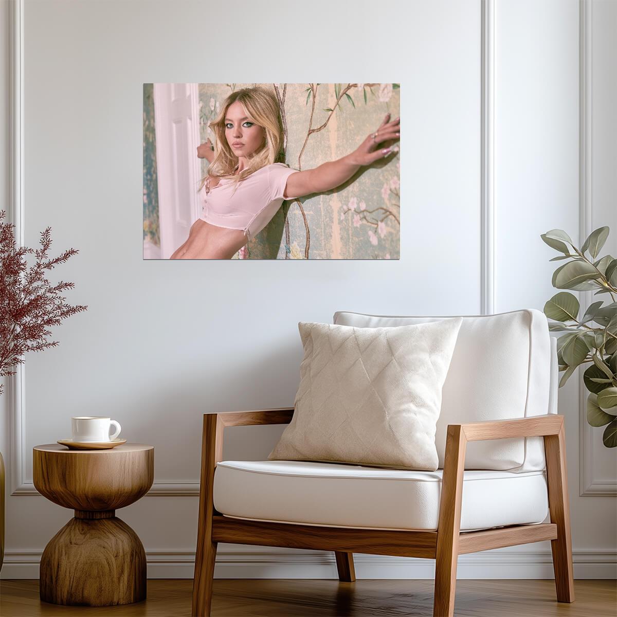 Sydney Sweeney Pink Crop Top | Floral Wallpaper Portrait | Celebrity Actress Poster - Celebrities Poster