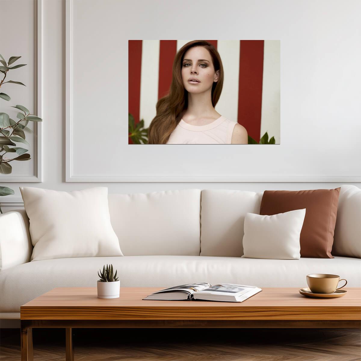 Lana Del Rey Portrait | Red Striped Background Poster | Music Star Wall Art - Music Poster