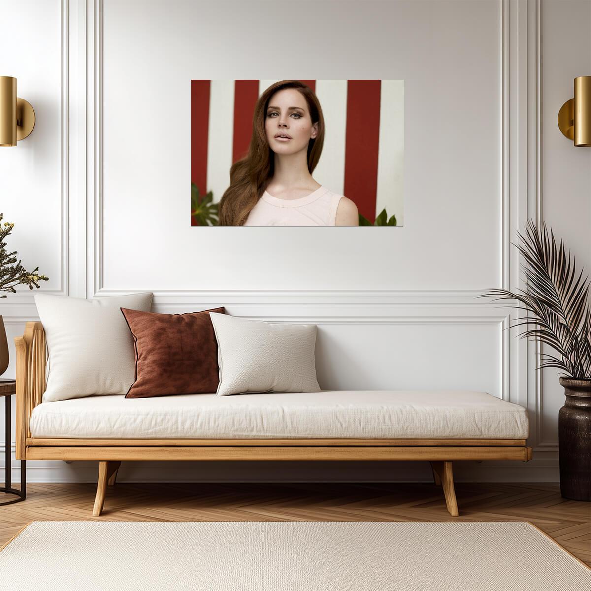Lana Del Rey Portrait | Red Striped Background Poster | Music Star Wall Art - Music Poster