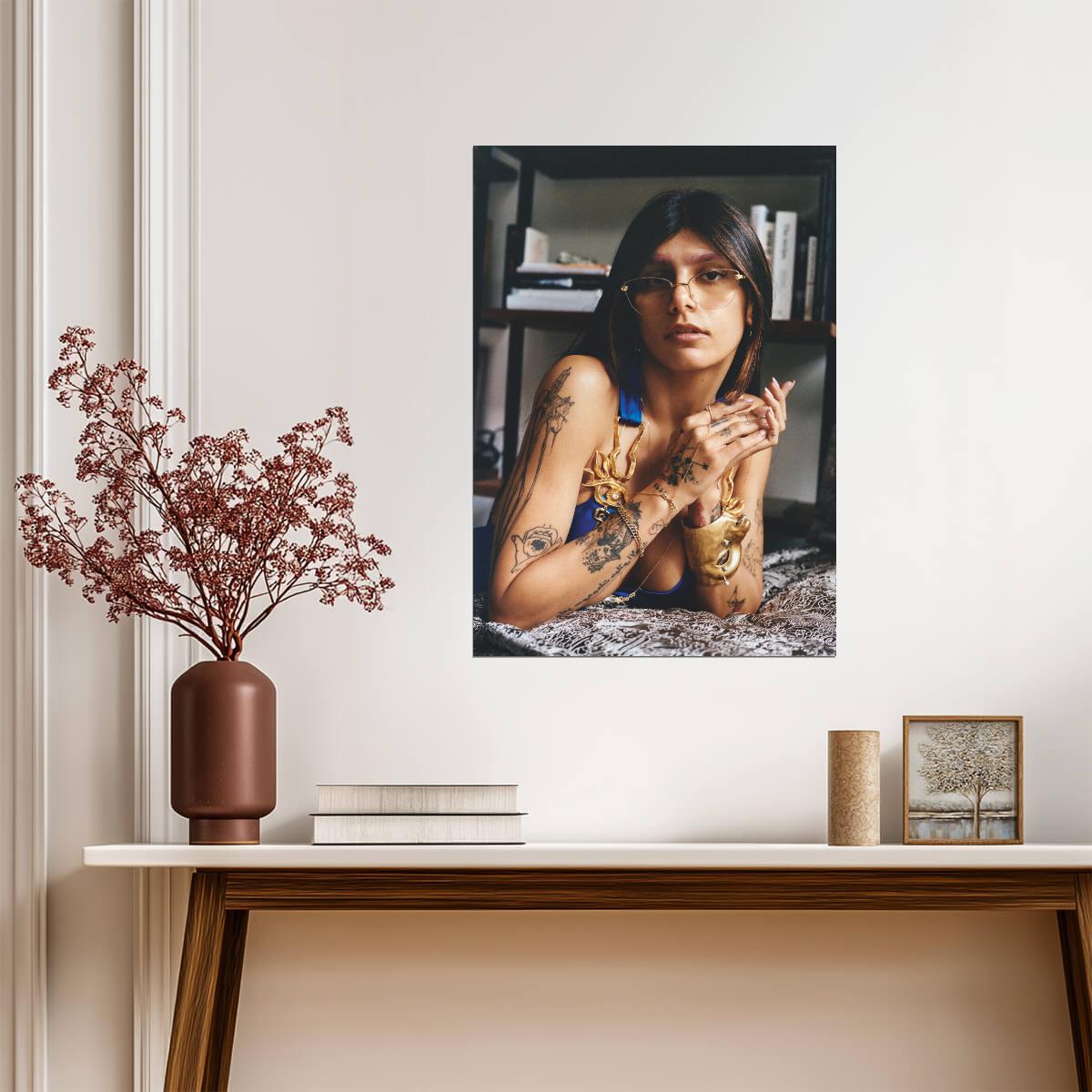 Mia Khalifa Blue Dress & Gold Jewelry | Lying Down Portrait | Celebrity Wall Art Poster - Celebrities Poster