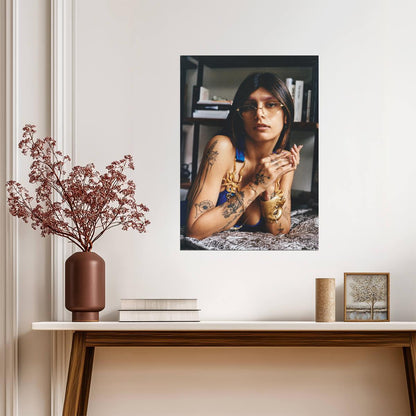 Mia Khalifa Blue Dress & Gold Jewelry | Lying Down Portrait | Celebrity Wall Art Poster - Celebrities Poster